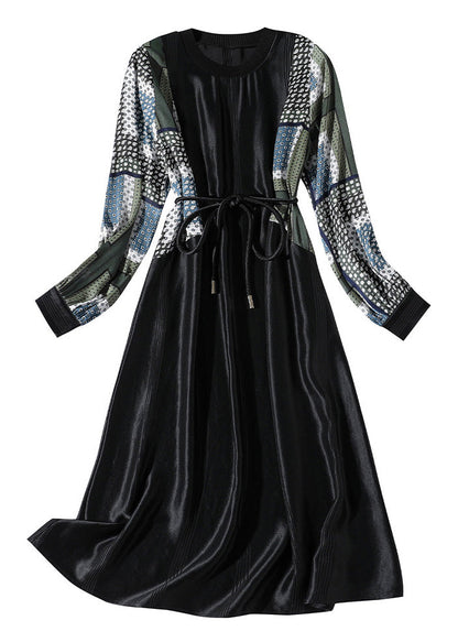 Black O-neck Print Patchwork Tie Waist Satin Vacation Long Dresses Long Sleeve