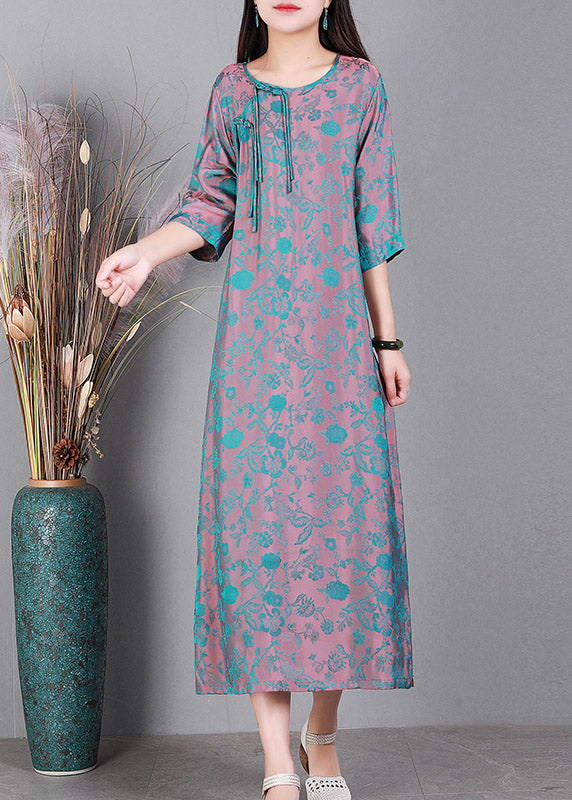 Blue O-neck Print Side Open Silk Dress Half Sleeve