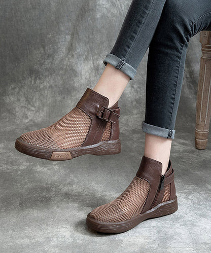 Brown Knit Fabric Hollow Out Splicing Flat Shoes