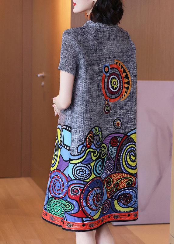 Simple Grey Print Peter Pan Collar Mandarin Collar Tie Summer Dress