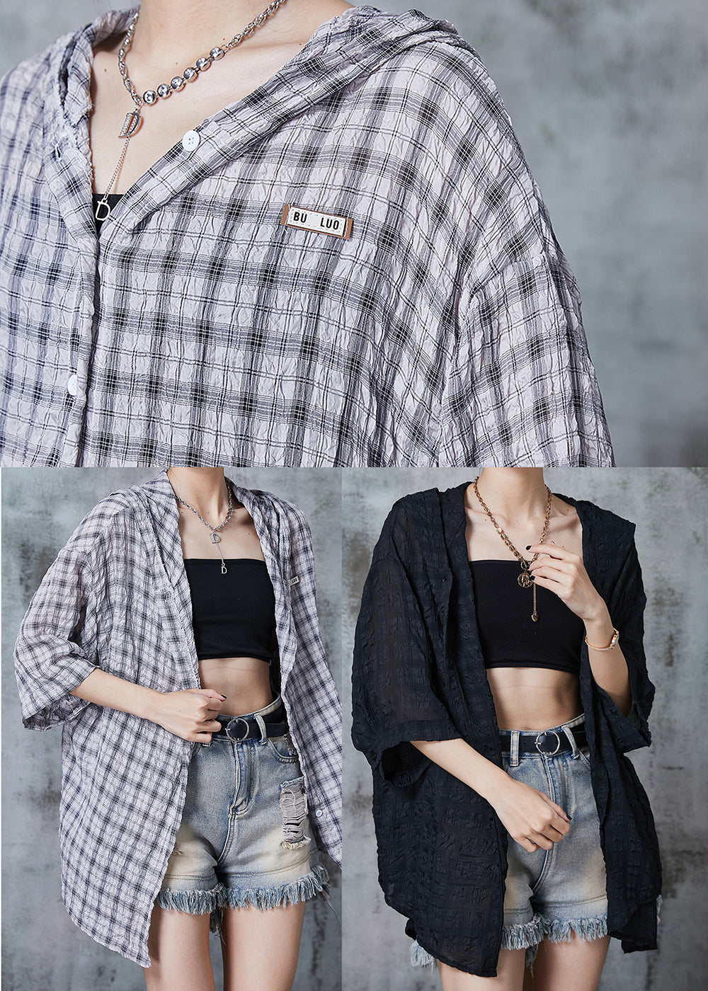 Grey Oversized Plaid Cotton Shirt Summer