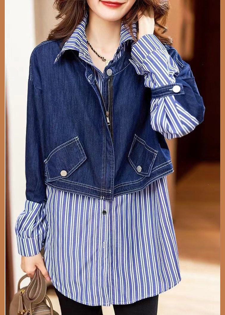 Fine Blue Button Peter Pan Collar Denim Patchwork Striped Shirts Spring