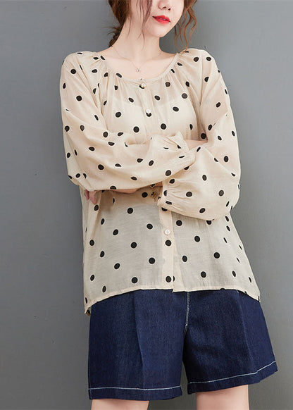 Apricot Loose Button Print Fall Dot Long Sleeve Tops