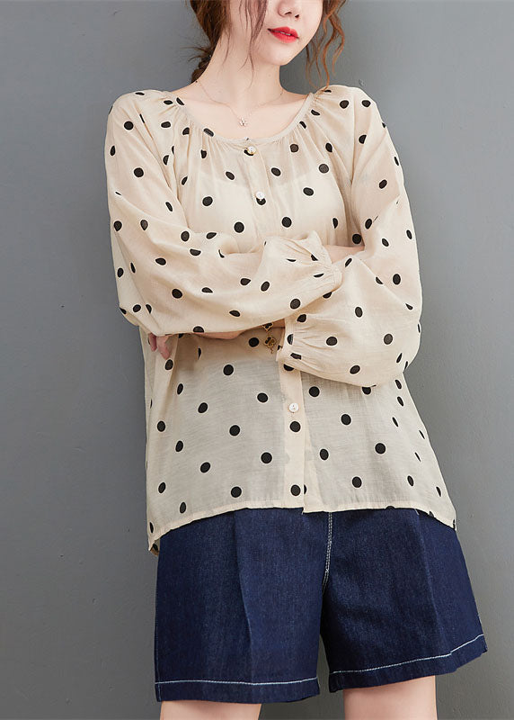 Apricot Loose Button Print Fall Dot Long Sleeve Tops