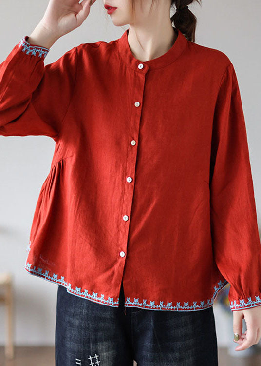 Style Red Embroideried Wrinkled Fall Top Long Sleeve
