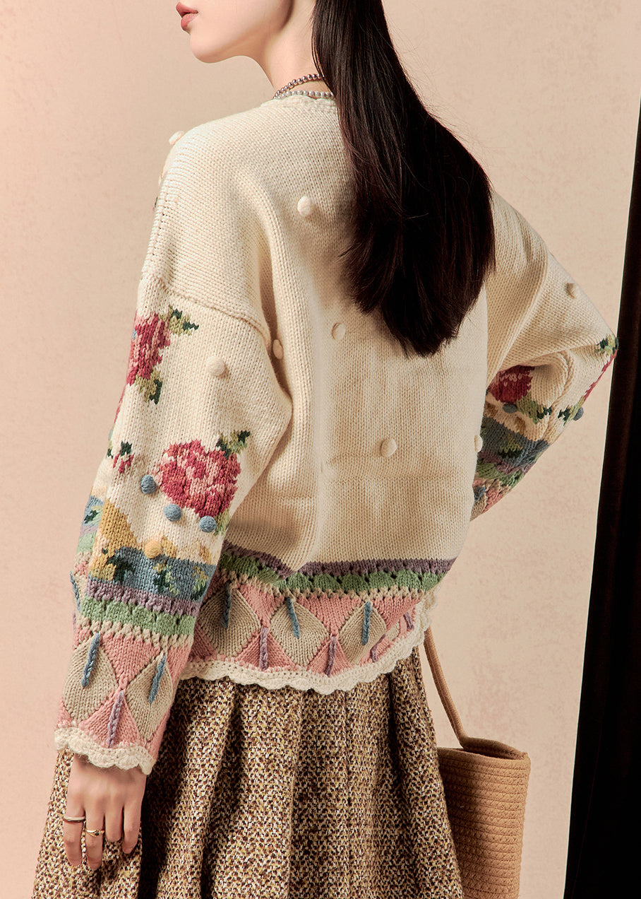Beige Button Patchwork Knit Coats Winter