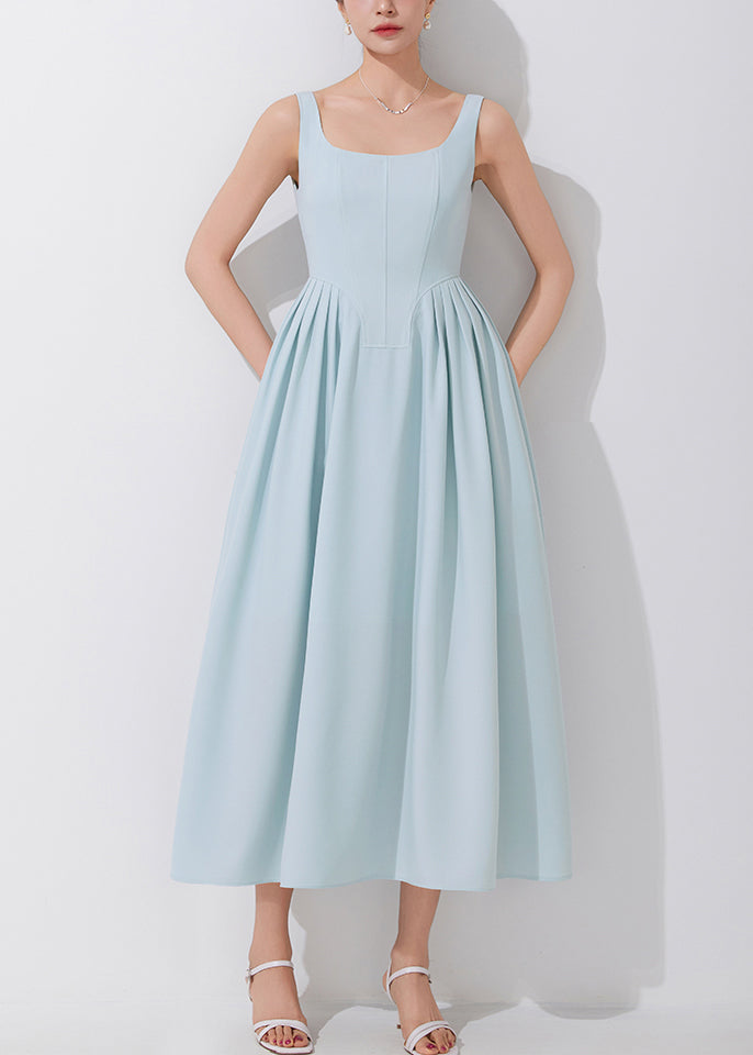 Blue Square Collar High Waist Spaghetti Strap Dress Sleeveless