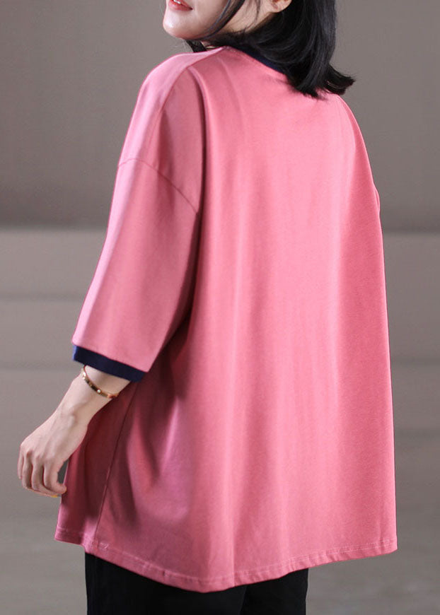 Pink O-neck Patchwork Character Print Cotton Tank Tops Half Sleeve