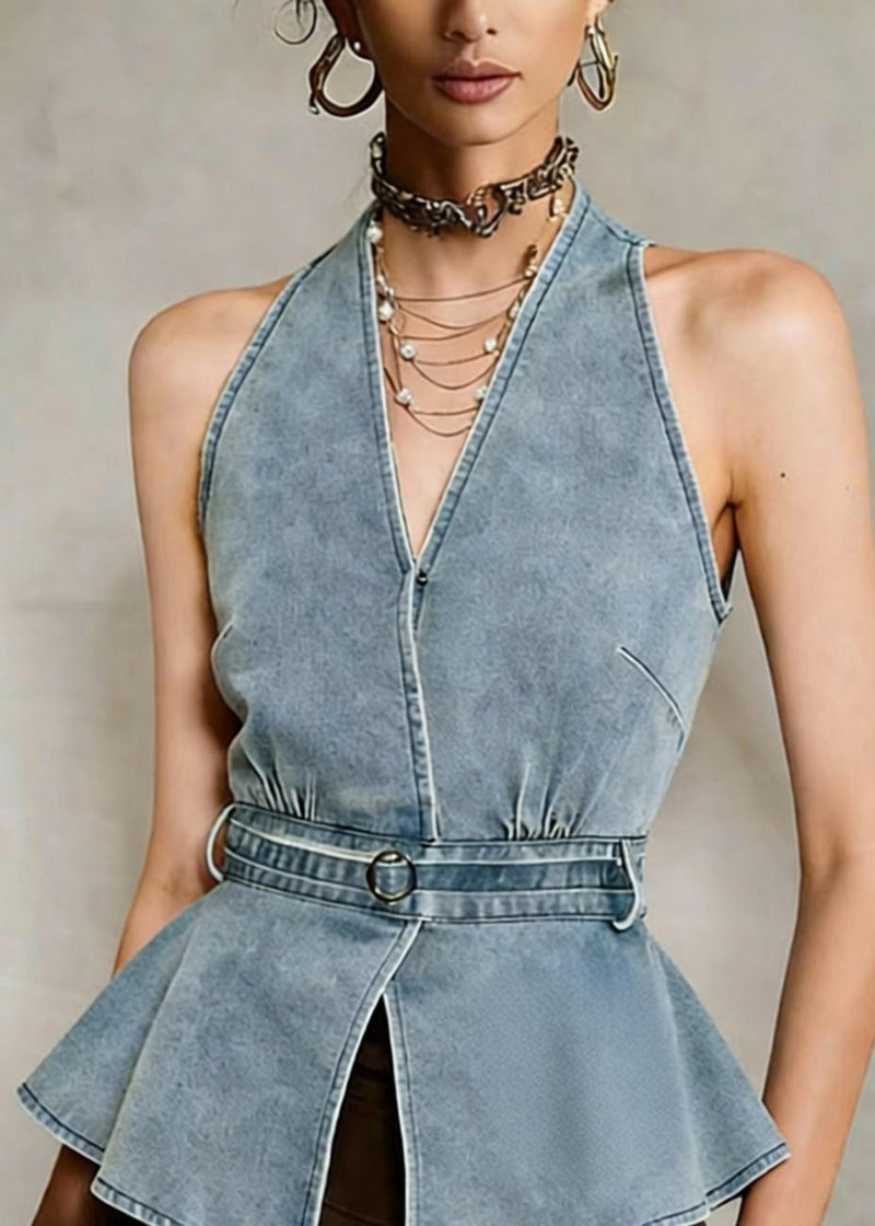 Cold Shoulder Halter Blue Denim Top Sleeveless