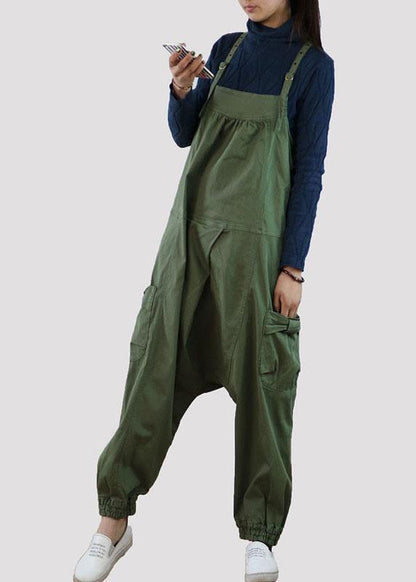 Handmade Green Pockets Button Spring Cotton Romper Outfit