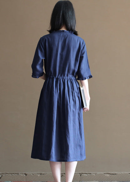Tibetan Blue Drawstring Ruffled Button Linen Long Dress Half Sleeve