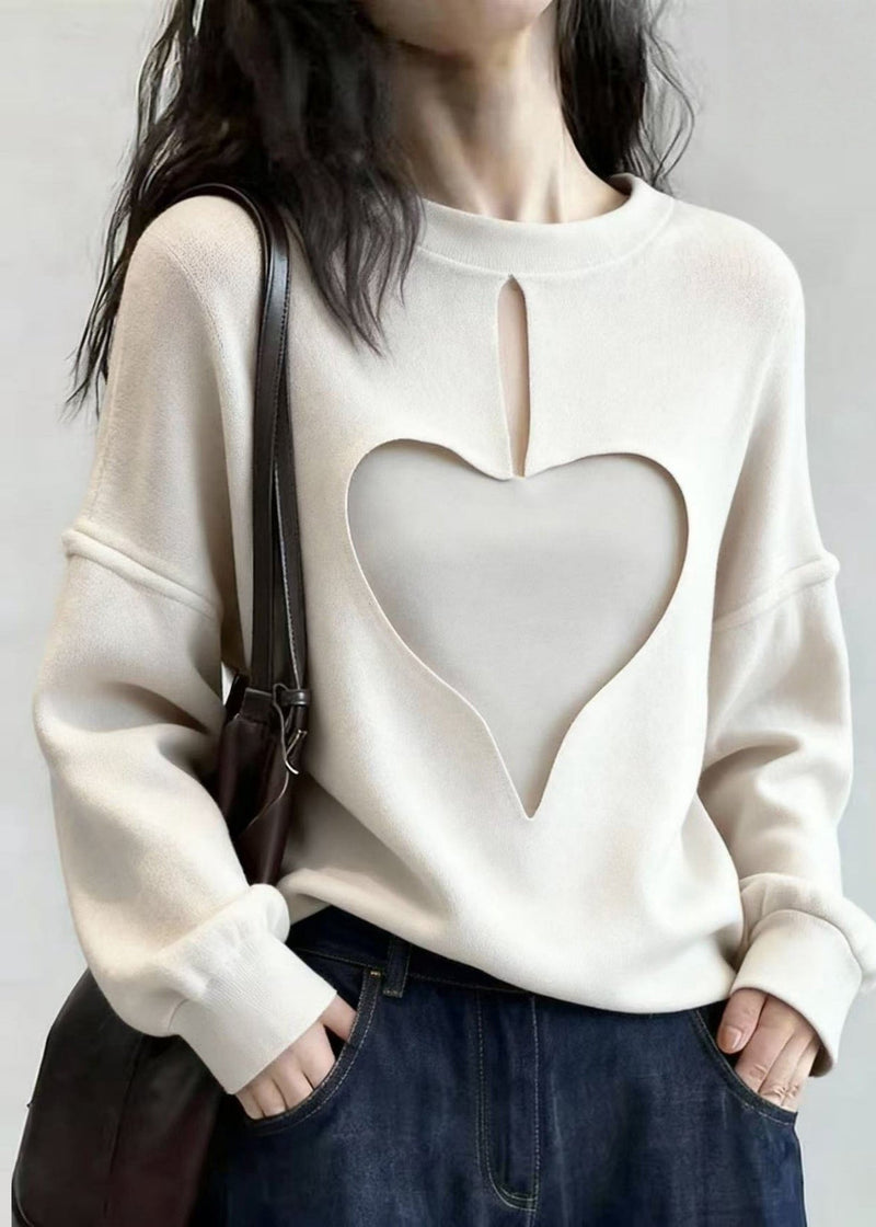 Stylish White Oversized Hollow Out Love Cotton Sweatshirts Top Spring