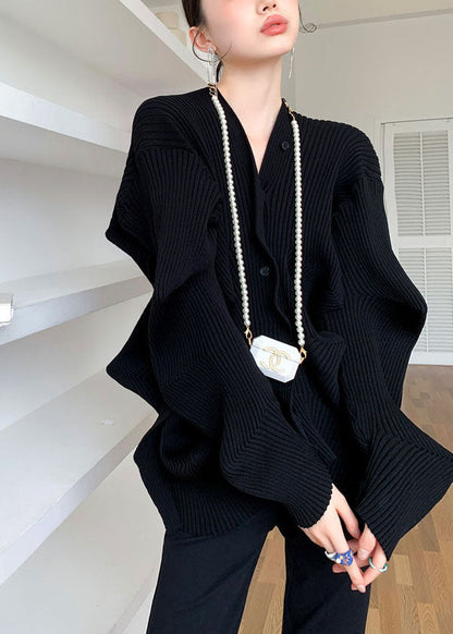 Fitted Black V Neck Button Asymmetrical Design Fall Sweater Coat