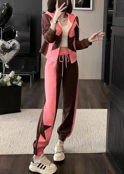 Pink Hooded Zippered Patchwork Cotton Two Pieces Set Long Sleeve