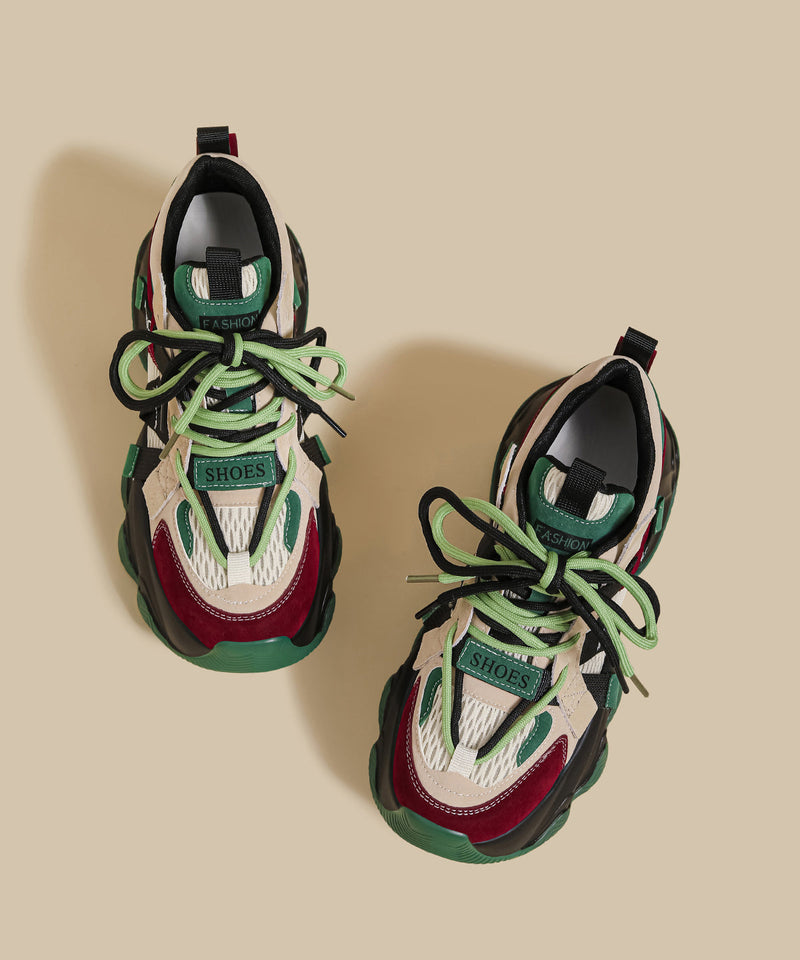 Green Platform Sport Shoes Faux Leather Soft Splicing Breathable Mesh