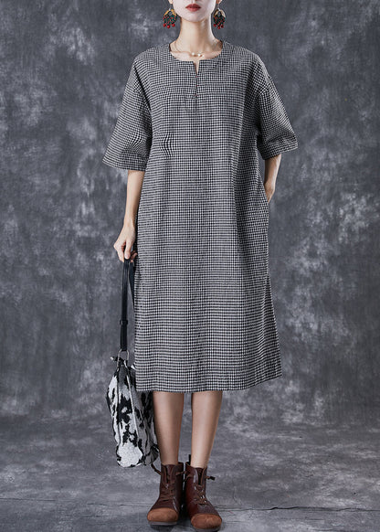 Black Oversized Plaid Cotton Maxi Dresses Summer