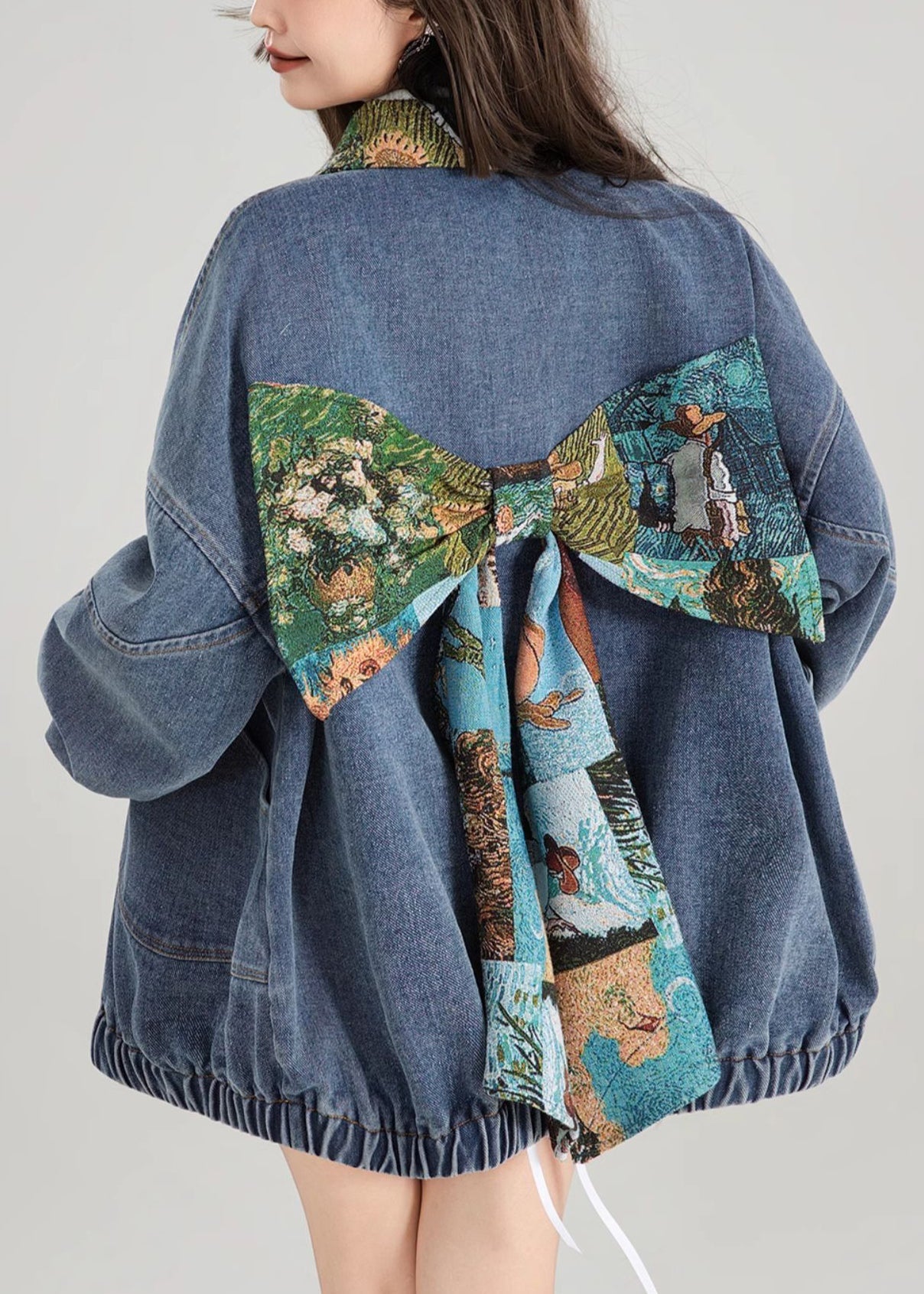 Loose Blue Bow Button Patchwork Denim Coat Spring