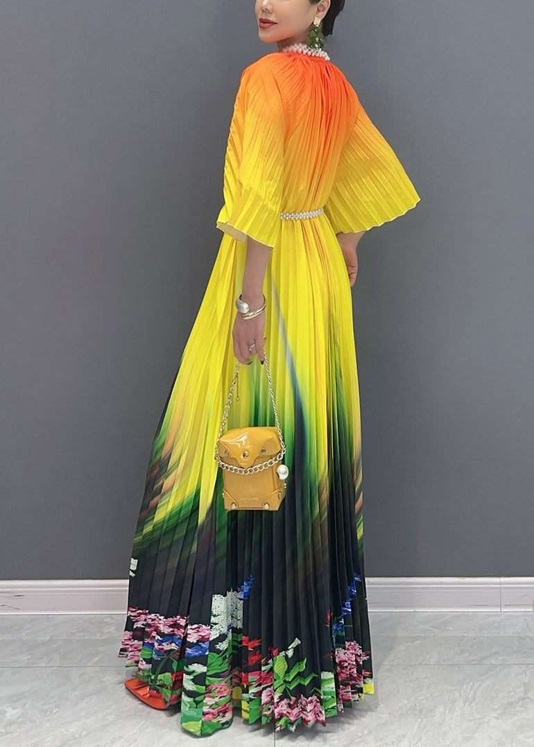 Summer Orange Yellow Color Blocked Long Pleated Dress
