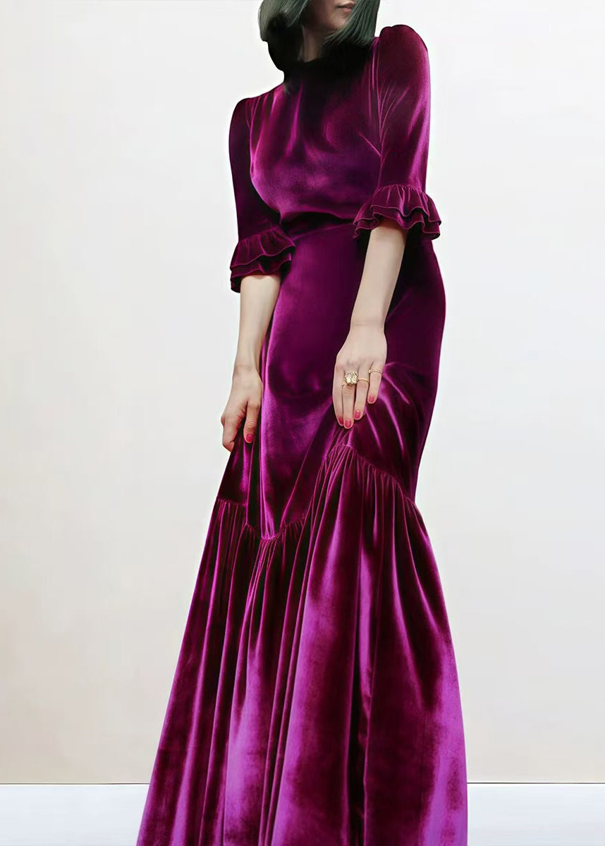 French Purple O Neck Ruffled Patchwork Silk Velour Long Dresses Spring