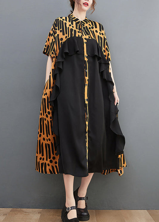 Novelty Yellow Stand Collar Ruffles Print Chiffon Patchwork Shirt Dress Short Sleeve