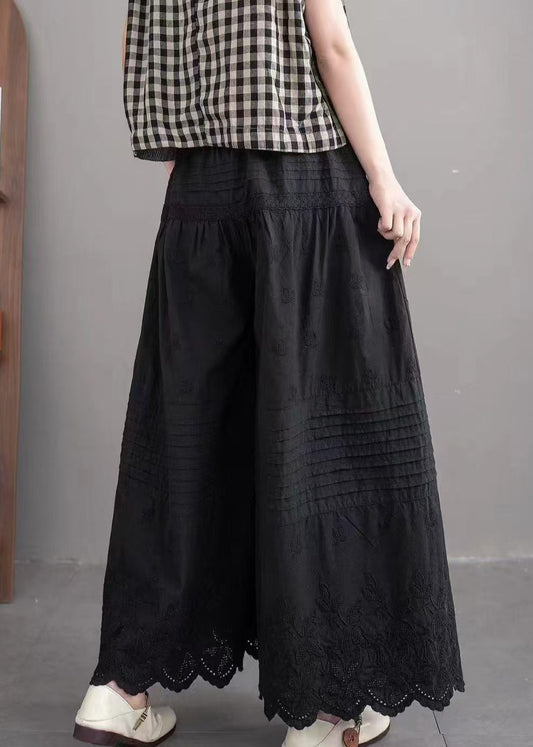 Art Black Embroidered Cotton Wide Leg Pants Summer