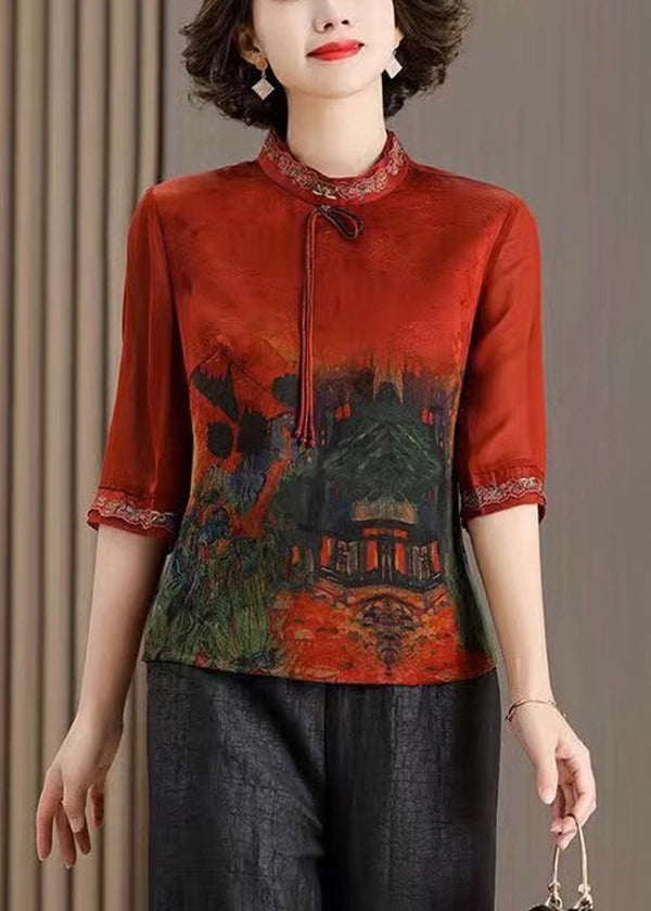 Red Stand Collar Tasseled Print Silk Shirt Tops Half Sleeve
