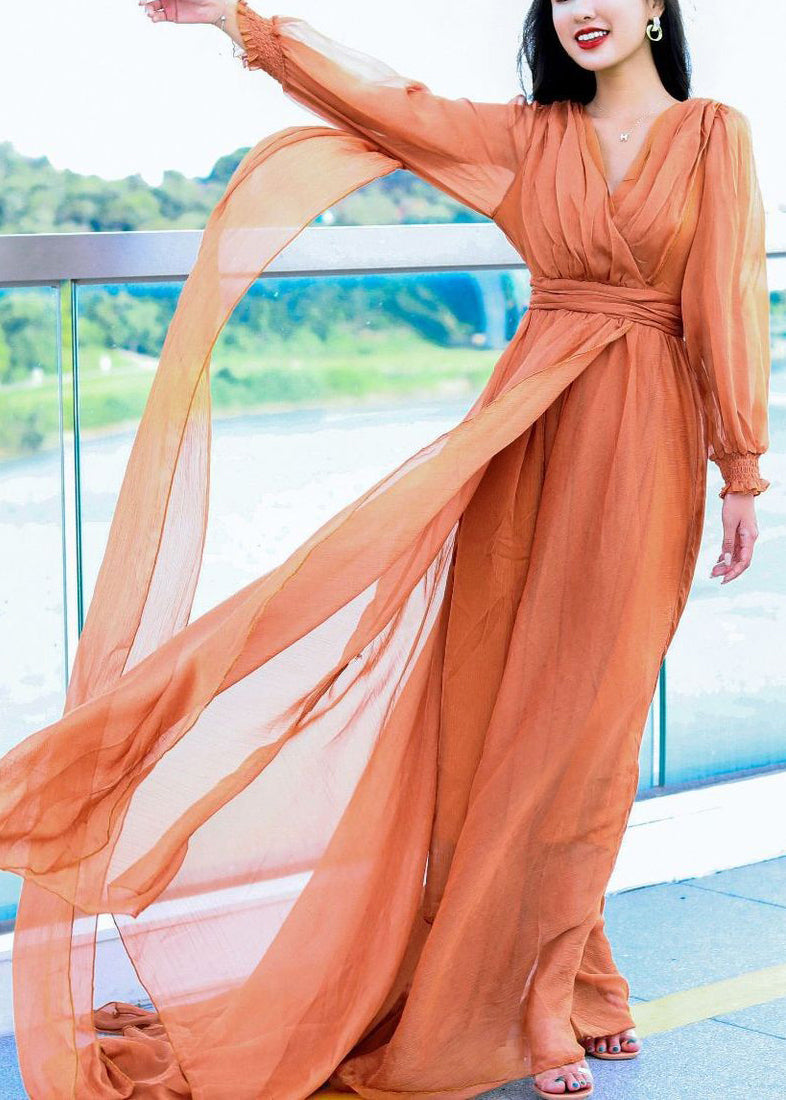 Orange Backless Chiffon Spring Maxi Dresses V Neck