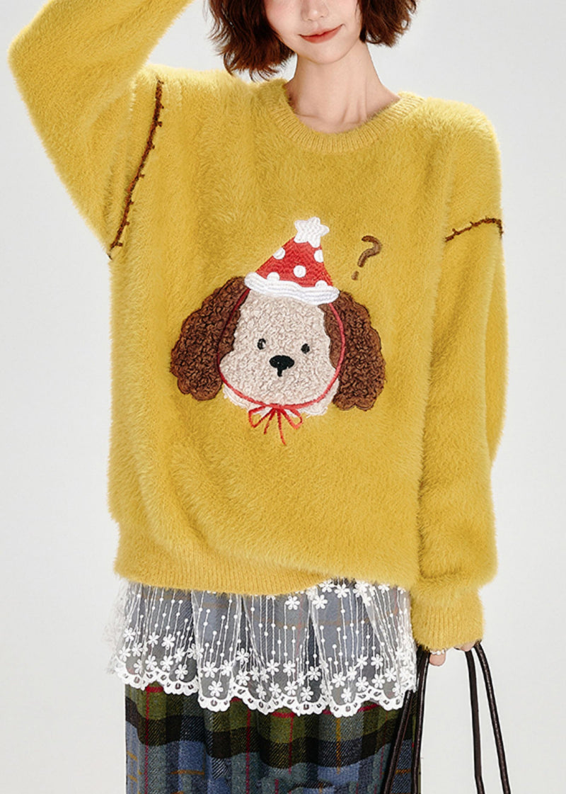 Yellow Embroidered Dog Warm Fuzzy Fur Fluffy Knit Pullover Winter