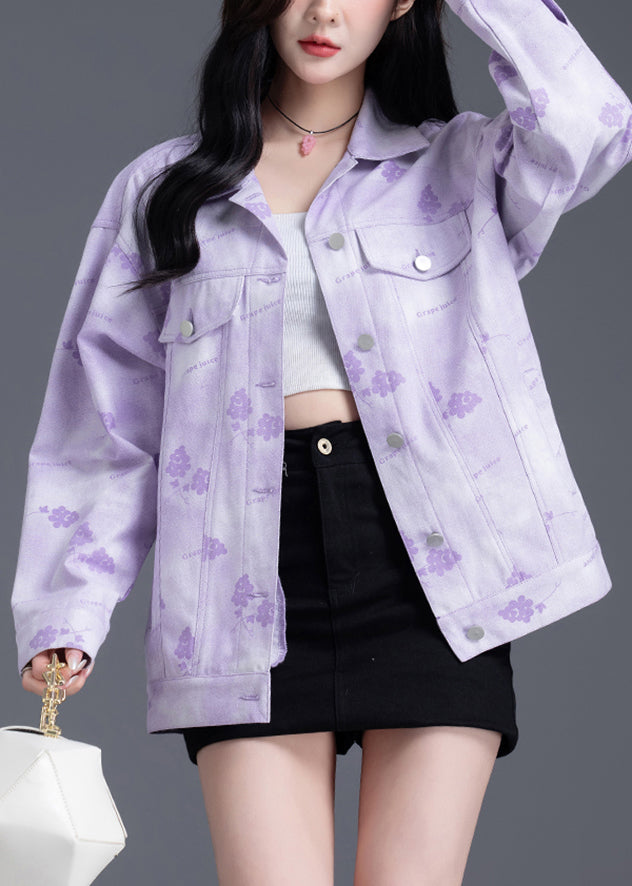 Purple Oversized Print Denim Coat Outwear Spring