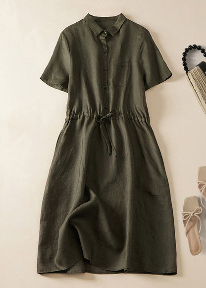 Army Green Lace Up Button Linen Dress Summer