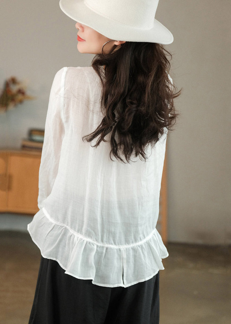 White Patchwork Ruffles Linen Shirt Top Three Quarter Sleeve