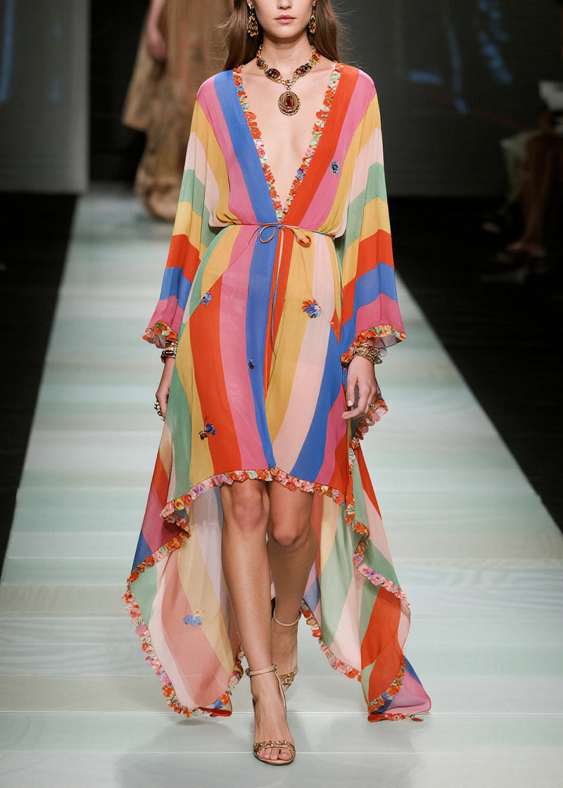 Rainbow Striped Chiffon Beach Dress Ruffled Butterfly Summer