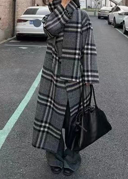 Loose Grey Plaid Patchwork Scarf and Coat Two Pieces Set Long Sleeve