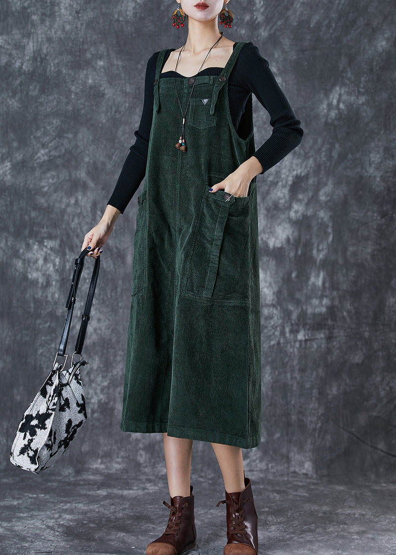 Blackish Green Oversized Pockets Corduroy Strap Dress Fall