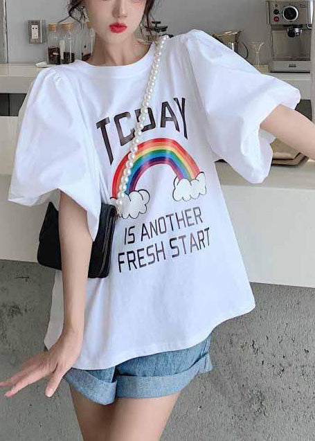Rainbow Print Cotton T-shirts Puff Sleeve Summer