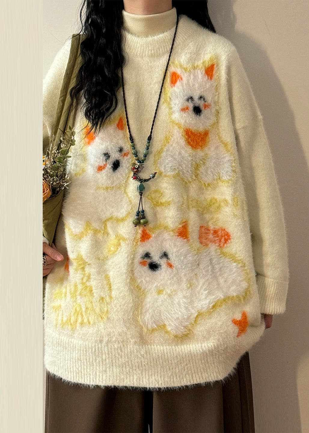 Apricot O-neck Little Dog Cozy Mink Hair Knitted Sweater Winter
