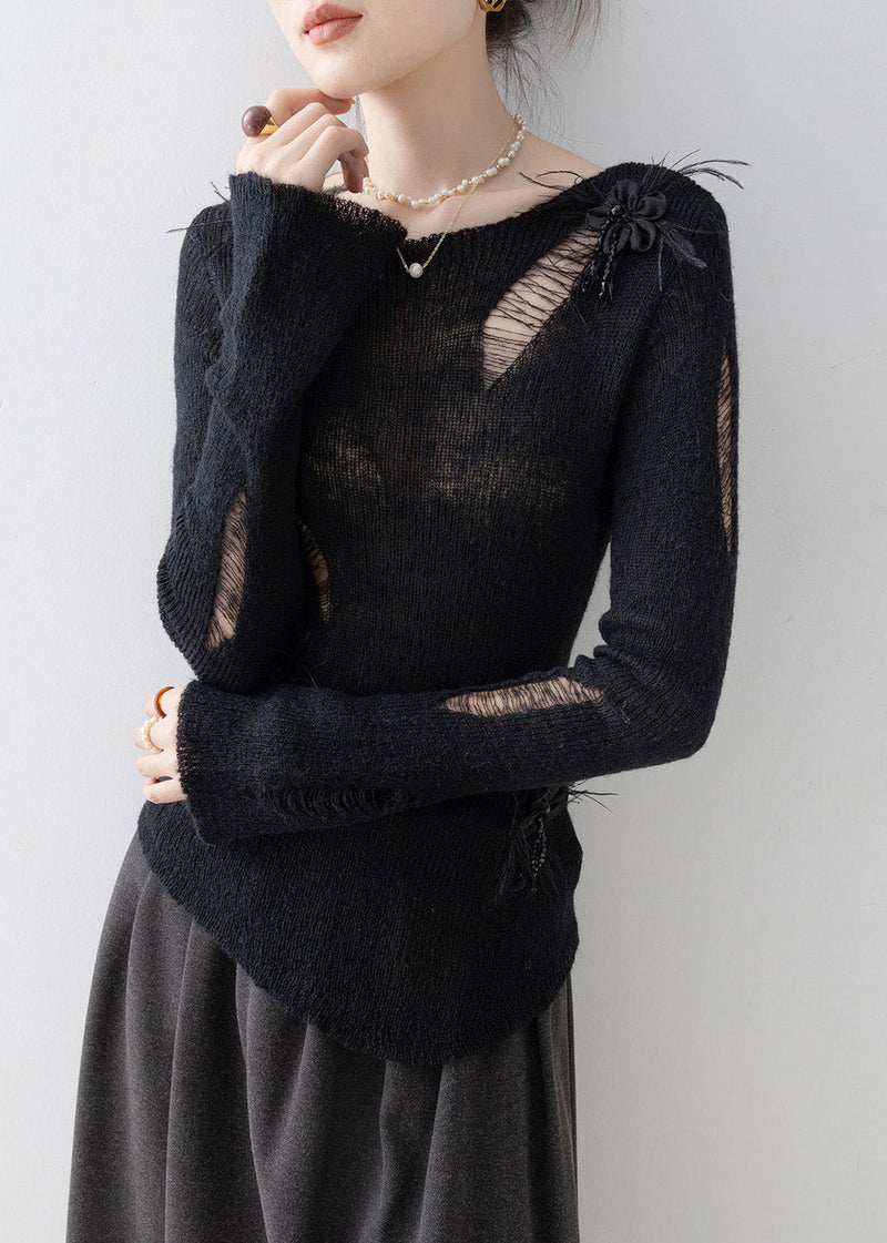Black O Neck Tassel Knit Top Spring