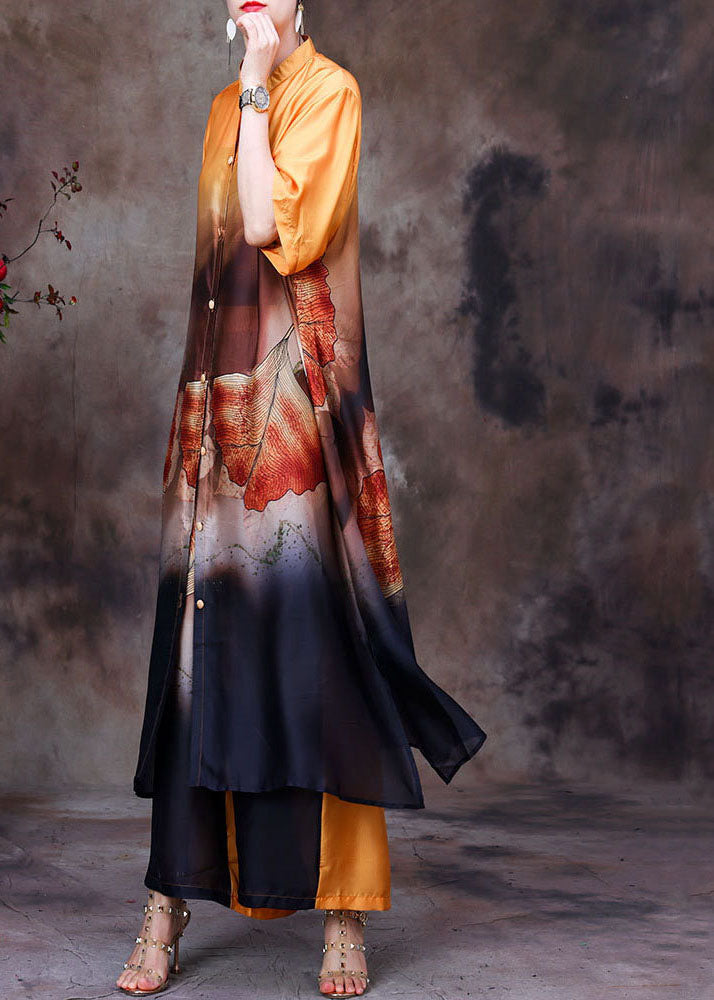 French Yellow Stand Collar Print Silk Long Shirt and Wide Leg Pant Two Pieces Set Summer