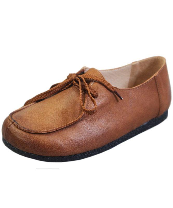 Soft Flat Shoes Brown Cowhide Leather Loafers for