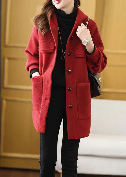 Red Hooded Pockets Patchwork Woolen Coat Fall