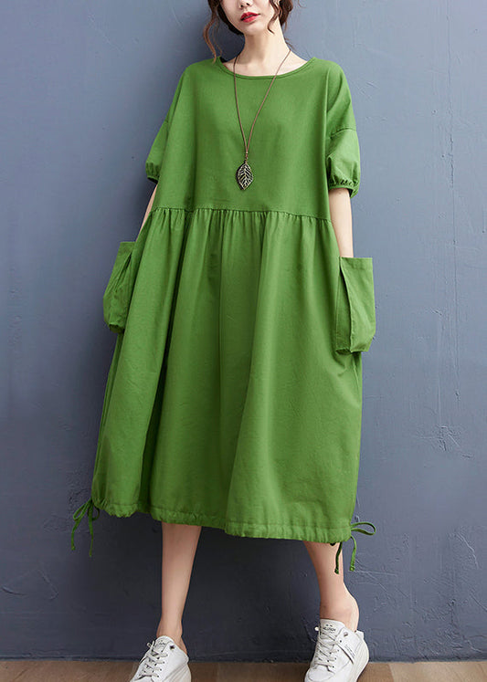 Green O-neck Cinched Drawstring Pocket Vacation Dresses Short Sleeve
