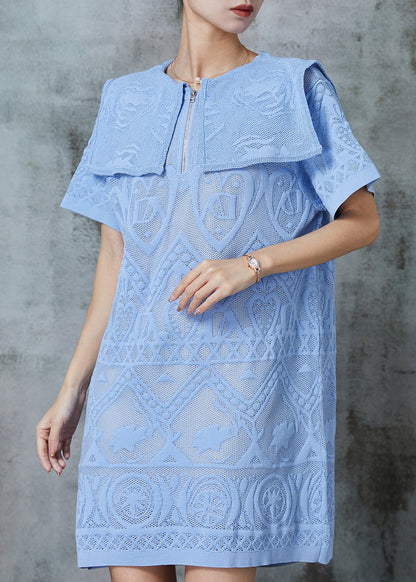 Sky Blue Sailor Collar Embroidered Lace Dress Summer
