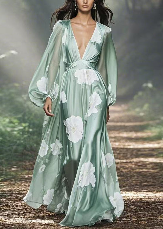 Italian V Neck Print Silk Long Dress Lantern Sleeve Spring