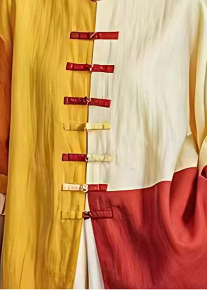 Yellow Chinese Button Patchwork Linen Top Summer