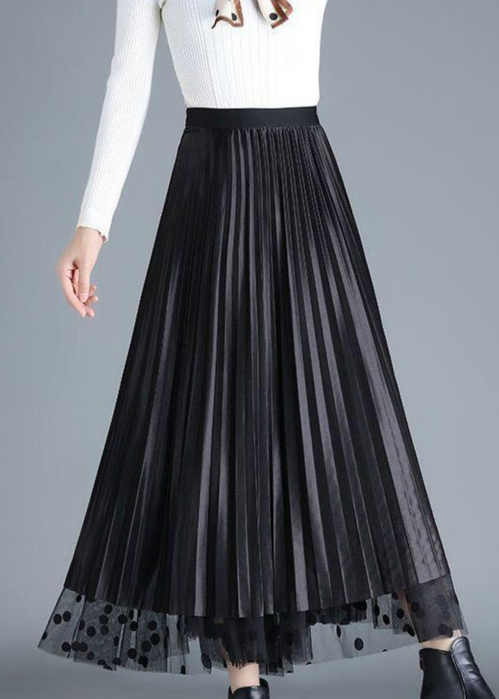 Coffee Dot High Waist Tulle Pleated Skirt Spring