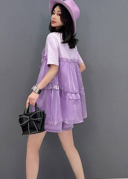 Ltalian Purple O-neck Ruffled Top and Shorts Two Pieces Set Summer
