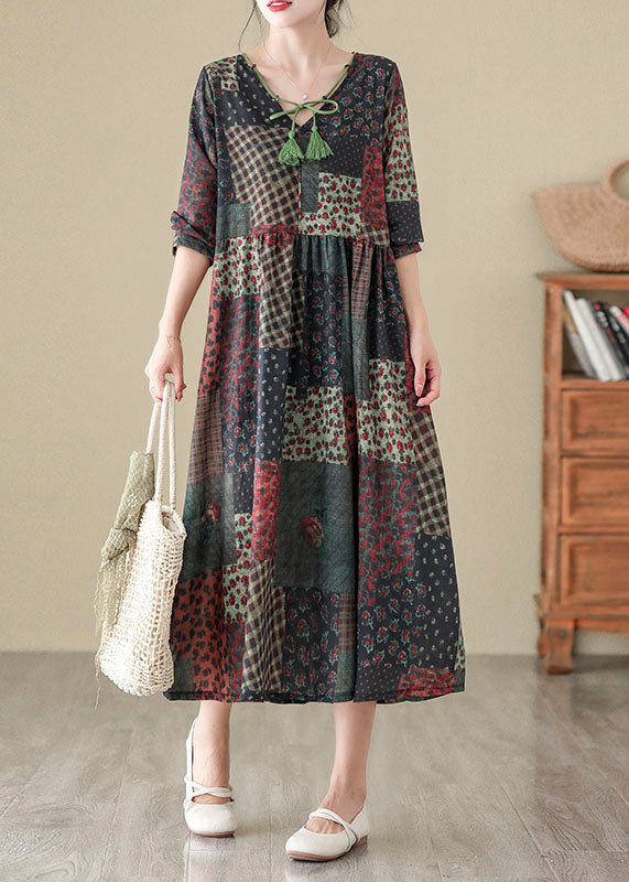 V Neck Print Patchwork Cotton Long Dress Fall