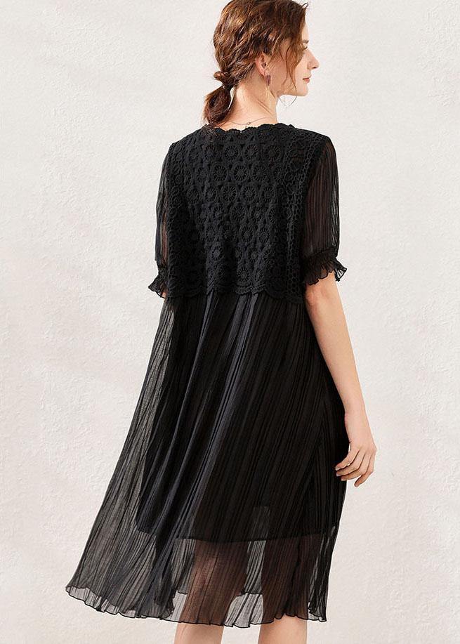 Comfy Black Wrinkled Patchwork Spring Short Sleeve Dress