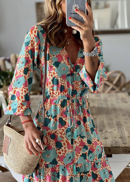 Red V Neck Print Lace Up Ankle Dress Fall