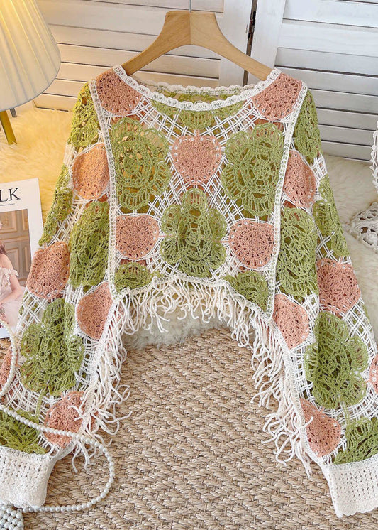 Green O-neck Tassel Hollow Out Patchwork Knit Shirt Fall